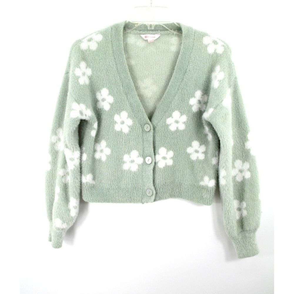 No Boundaries Cardigan Sweater Womens L 11/13 Green Floral Soft Button V-Neck